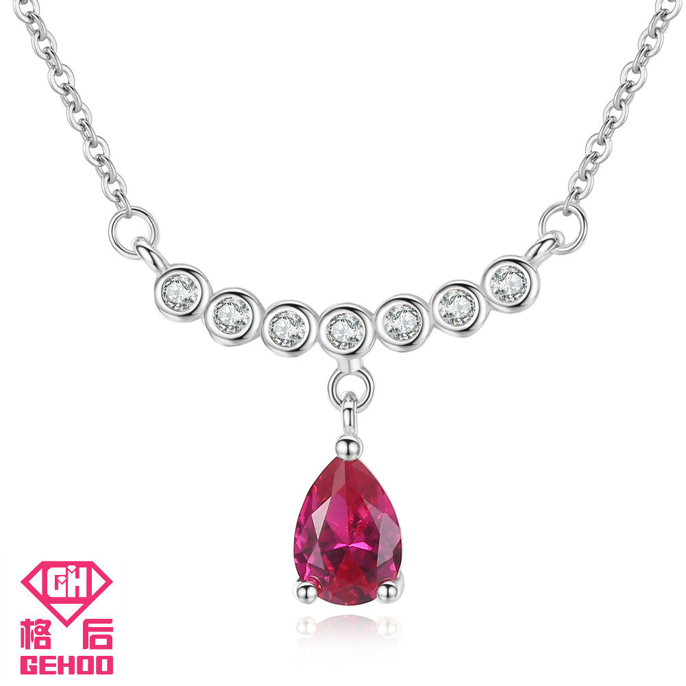 Women Fine Jewelry Pretty Red Ruby Water Drop Zircons Pendant Necklaces Charm 925 Sterling Silver Rose Gold Chain Choker