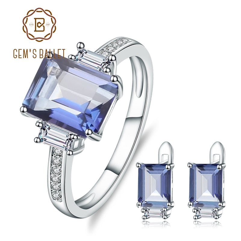 Natural Iolite Blue Mystic Quartz Gemstone Earrings Ring Set Pure 925 Sterling Silver Fine Jewelry Sets For Women