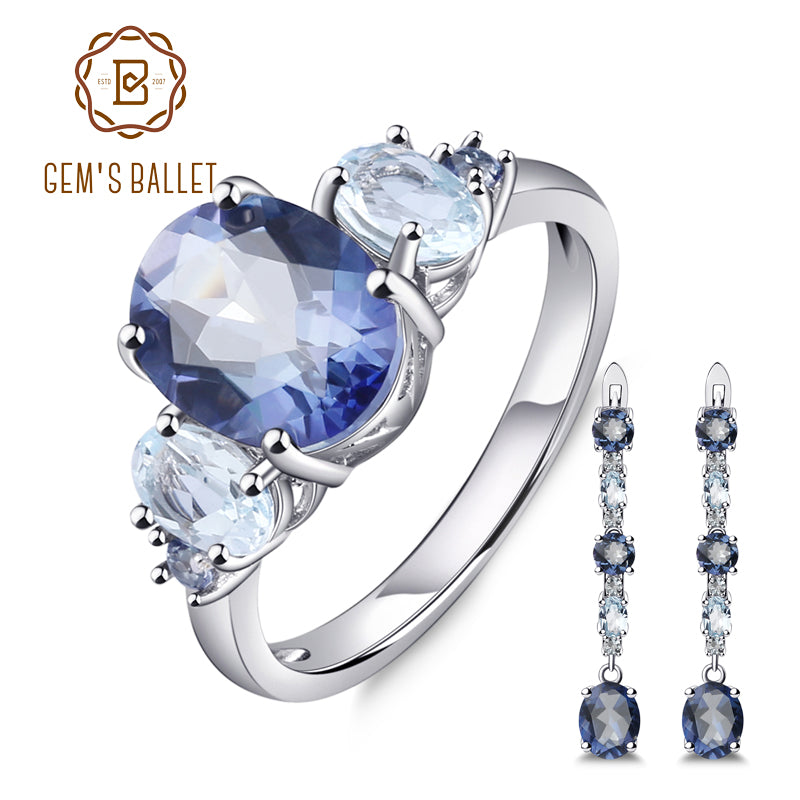 GEM'S BALLET Natural Iolite Mystic Quartz Sky Blue Topaz Gemstone Jewelry Set 925 Sterling Silver Earrings Ring Set For Women