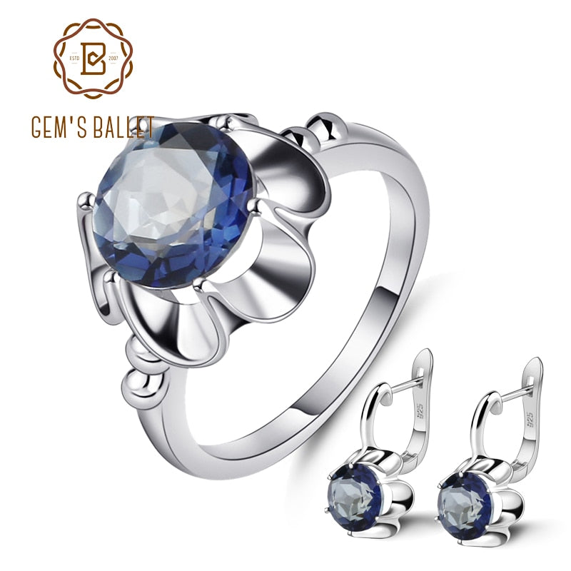 Natural Sky Blue Topaz Snowflake Rings Clip Earrings 925 Sterling Silver Gemstone Fine Jewelry Set For Women Gift