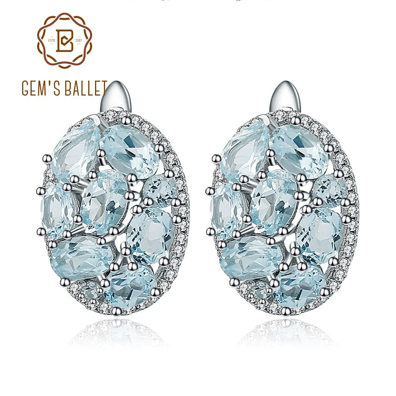 Natural Sky Blue Topaz Pure 925 Sterling Silver Oval Clip Earrings Women Gift Vintage Luxury Fine Costume Jewelry