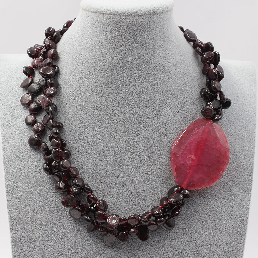 GG Jewelry 3 Strands Natural Garnet Nugget Beads Red Agate Chunk Pendant Necklace Handmade For Women