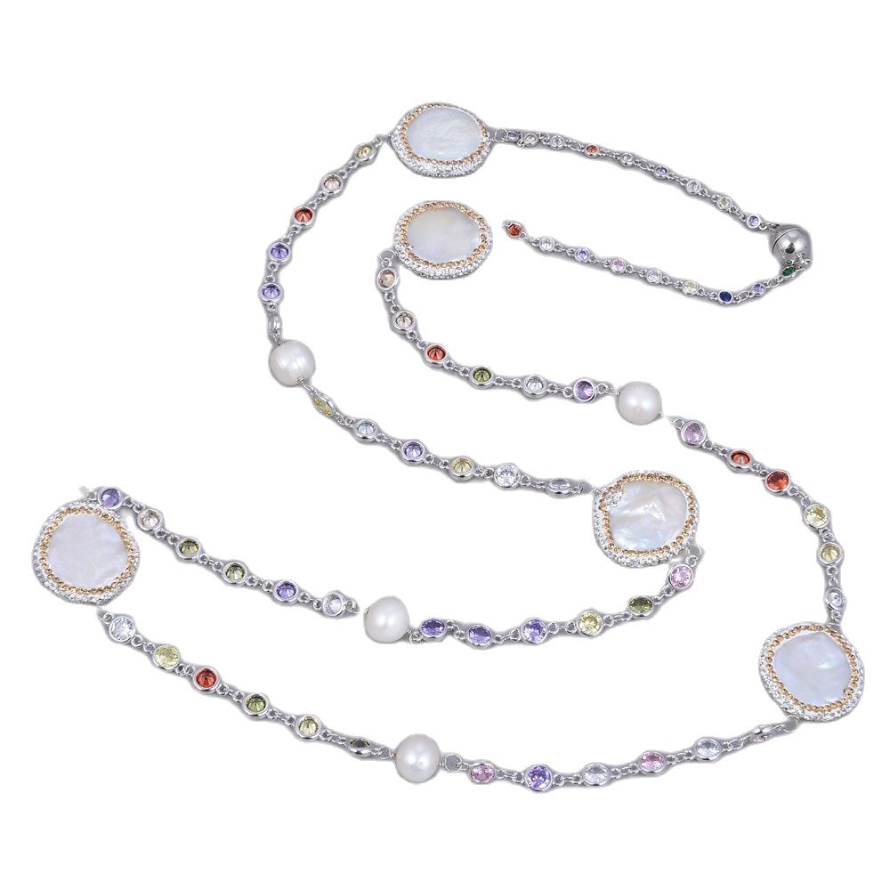 GG Jewelry 36'' White Coin Pearl Mixed Color Cz Pave Chain Long Necklace Trendy Gold Color Chain For Women Charm Jewelry