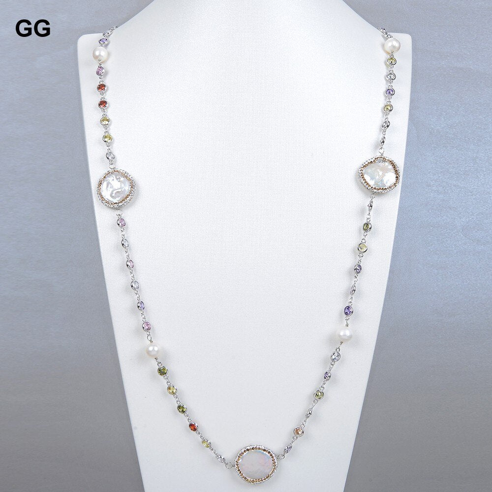 GG Jewelry 36'' White Coin Pearl Mixed Color Cz Pave Chain Long Necklace Trendy Gold Color Chain For Women Charm Jewelry