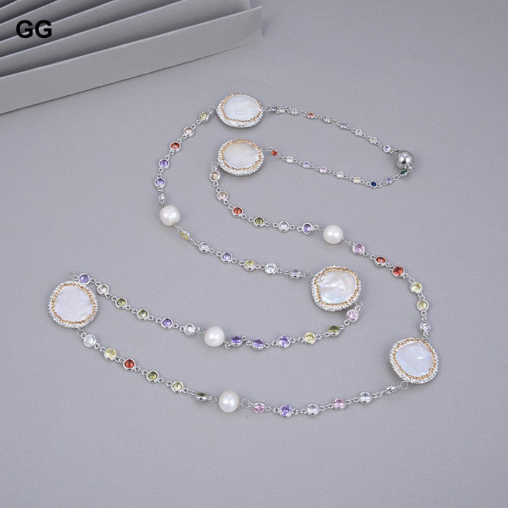 GG Jewelry 36'' White Coin Pearl Mixed Color Cz Pave Chain Long Necklace Trendy Gold Color Chain For Women Charm Jewelry