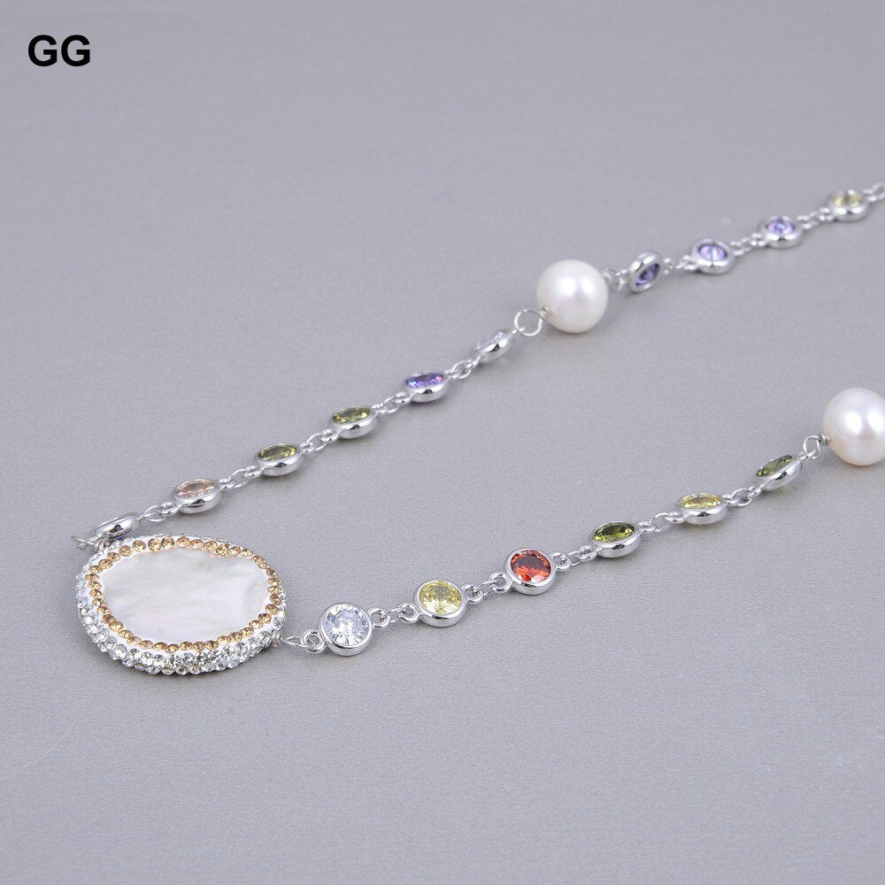 GG Jewelry 36'' White Coin Pearl Mixed Color Cz Pave Chain Long Necklace Trendy Gold Color Chain For Women Charm Jewelry