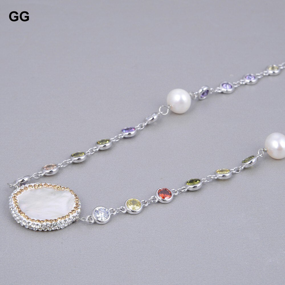GG Jewelry 36'' White Coin Pearl Mixed Color Cz Pave Chain Long Necklace Trendy Gold Color Chain For Women Charm Jewelry