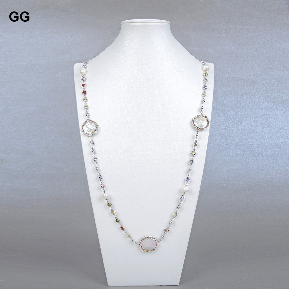 GG Jewelry 36'' White Coin Pearl Mixed Color Cz Pave Chain Long Necklace Trendy Gold Color Chain For Women Charm Jewelry