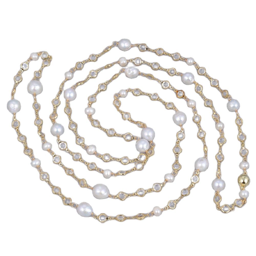 GG Jewelry 69'' White Round Keshi Pearl Crystal Chain Necklace Trendy Gold Color Chain For Women Charm Jewelry