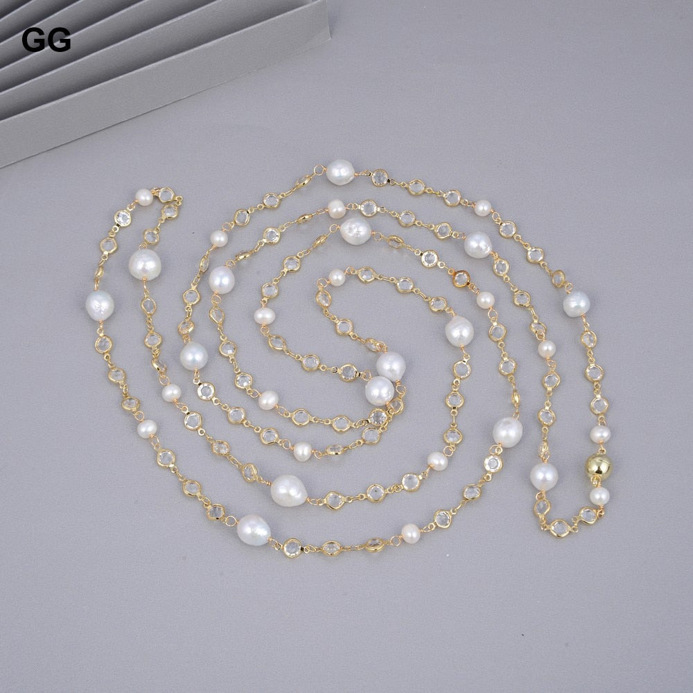 GG Jewelry 69'' White Round Keshi Pearl Crystal Chain Necklace Trendy Gold Color Chain For Women Charm Jewelry