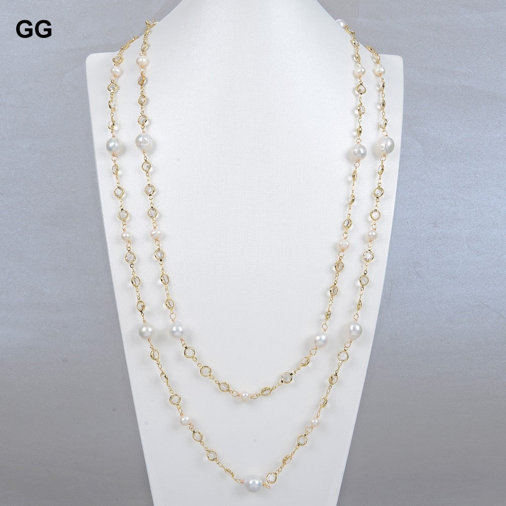 GG Jewelry 69'' White Round Keshi Pearl Crystal Chain Necklace Trendy Gold Color Chain For Women Charm Jewelry