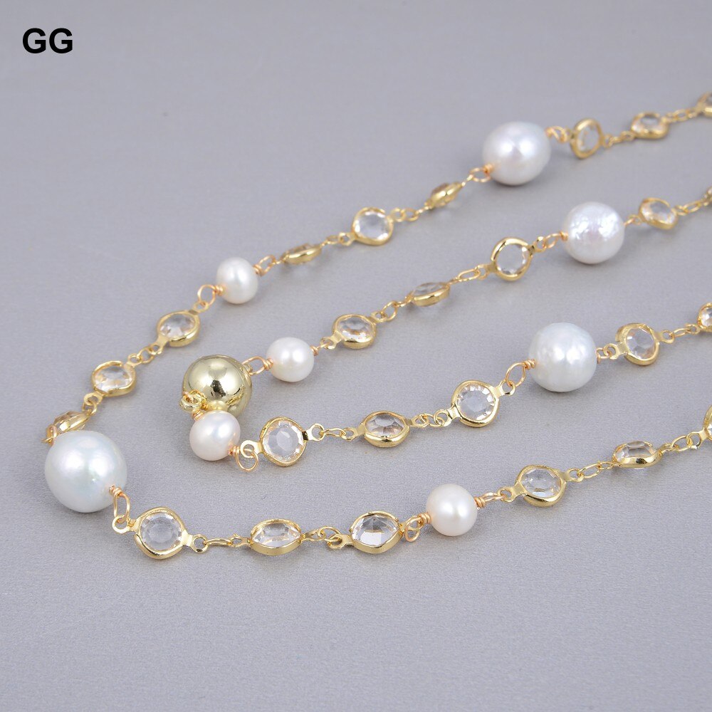 GG Jewelry 69'' White Round Keshi Pearl Crystal Chain Necklace Trendy Gold Color Chain For Women Charm Jewelry