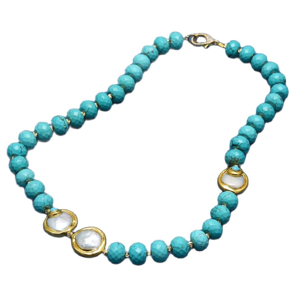 GG Jewelry Natural White Coin Pearl Blue CZ Electroplated Blue Turquoises Chocker Necklace 25