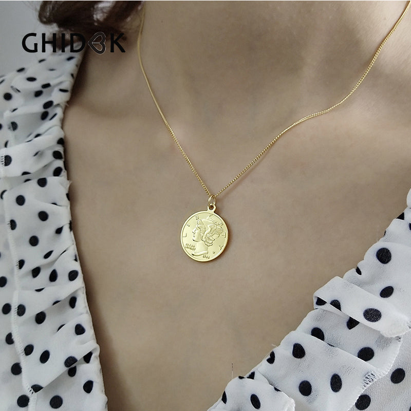 925 Sterling Sliver Portrait Coin Pendant Necklace Unique Roman Disc Charm Chokers Simple Layered Necklaces Fashion Gifts