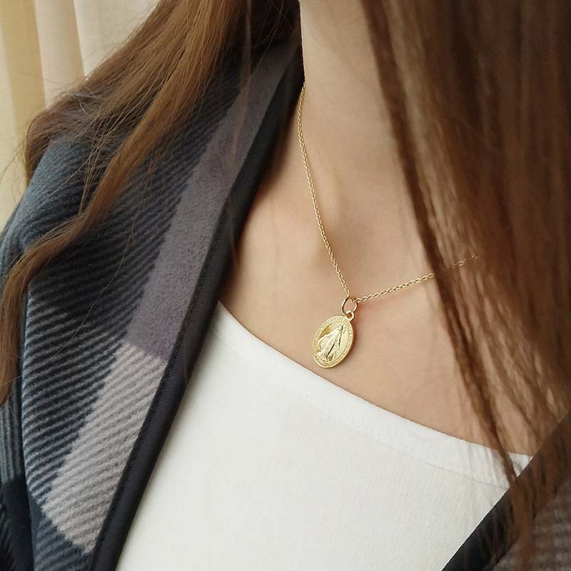 Real 925 Sterling Sliver Virgin Mary Pendant Necklaces for Women Simple Religious Chain Choker Necklaces Statement Gifts