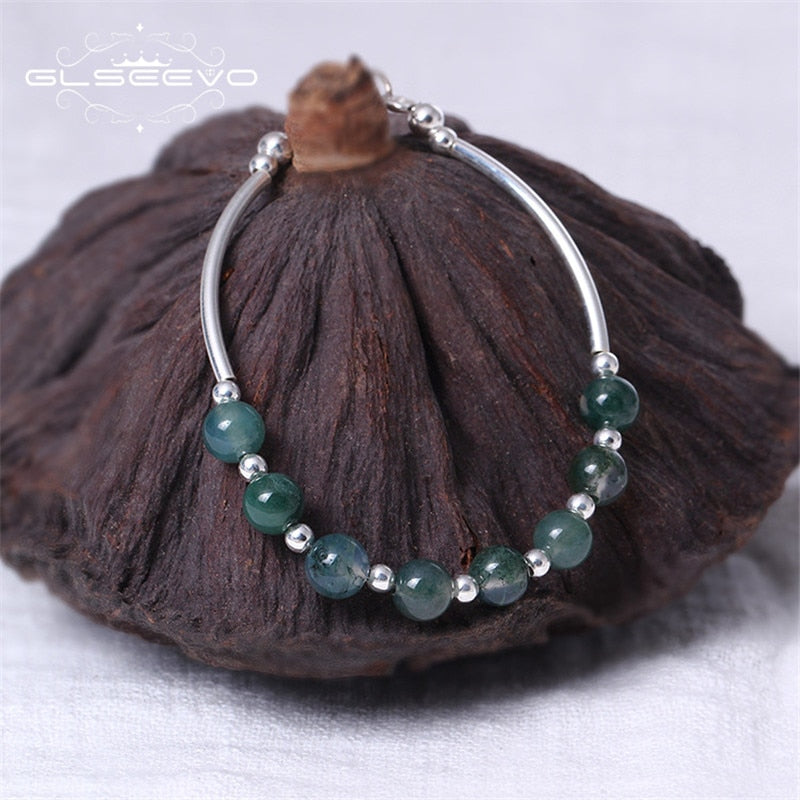 925 Silver Bracelet Female Ethnic Temperament Single Circle Natural Aquatic Grass Agate Beads Adjustable Bracelet GB0029