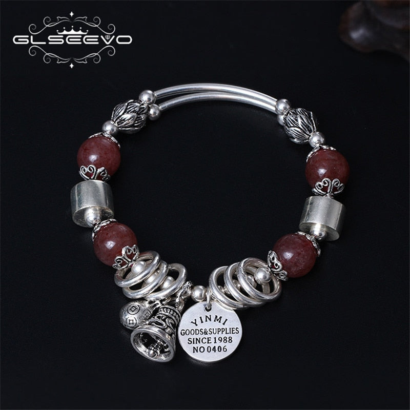 925 Silver Luxury Double Layer Bracelet National High Quality Strawberry Crystal Bell Letter Charm Bracelet Women GB0033