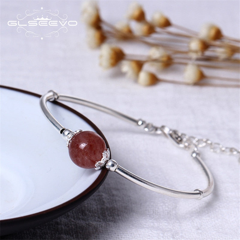925 Silver New Natural Crystal Bracelet Simple Bending Strawberry Crystal Bracelet Female Handmade Fine Jewelry GB0030