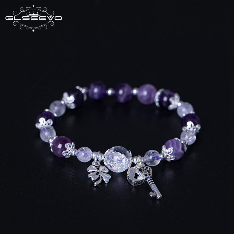 925 Sterling Silver Bracelet Natural Stone Crystal Amethyst Adjustable Women's Bracelets With Lock Key Jewelry GB0075