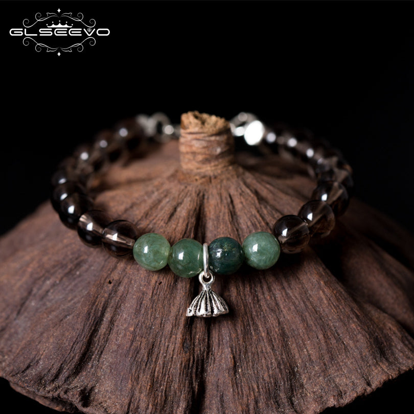 925 Sterling Silver Bracelet Natural Stone Smoky Quartz Jade Adjustable Women's Bracelets With Lotus Jewelry GB0082