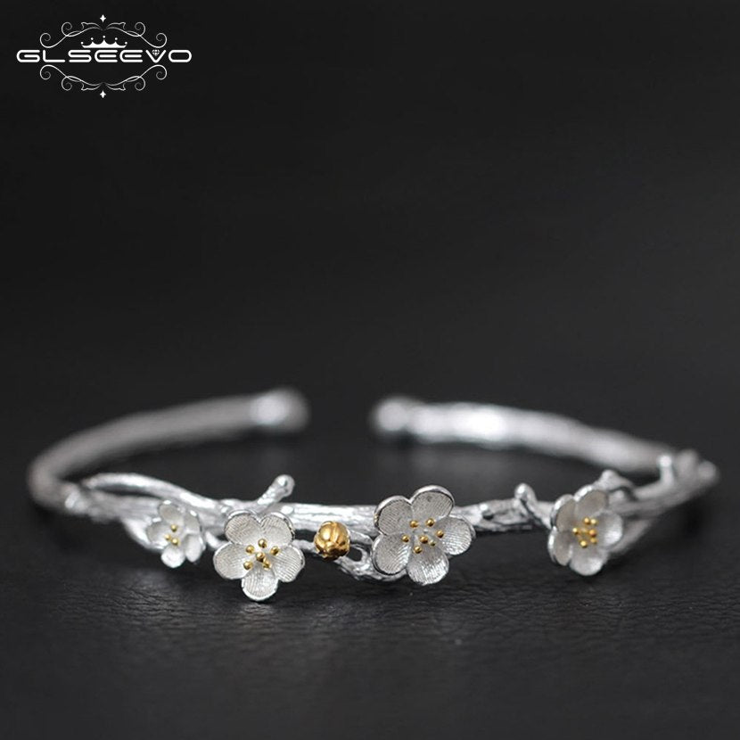 925 Sterling Silver Bracelets & bangles Plum Blossom Luxury Flower Bangle Pulseiras Ppara As Mulheres Handmade GB0003