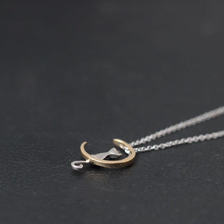 925 Sterling Silver Cat And Moon Necklace Pendant For Girl Handmade Cute Animal Necklace Fine Jewelry Collares GN0016