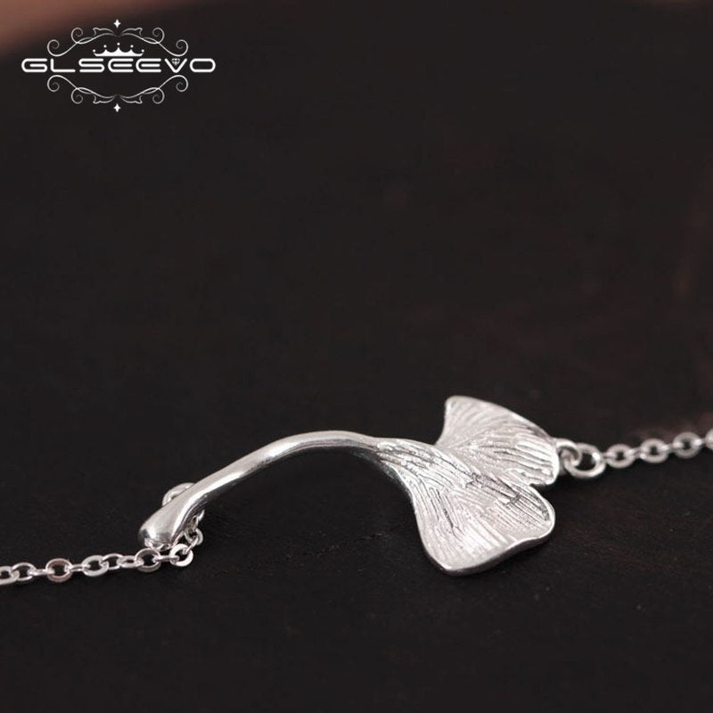 925 Sterling Silver Ginkgo Biloba Leaf Bracelets For Women Adjustable Plant Hand Chain Bracelet Pulseira Jewlery GB0004