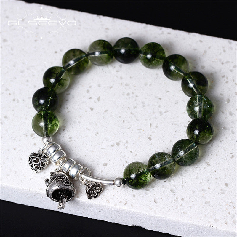 925 Sterling Silver Men And Women Bracelet Burst Green Ghost Crystal Lucky Cat Bell Beads Elastic Rope Bracelet GB0025