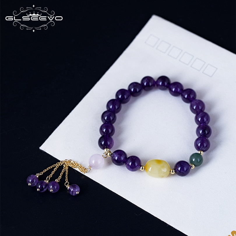 925 Sterling Silver Natural Stone Amethyst Beeswax Adjustable Luxury Women Bracelets Fine Jewellery Bileklik GB0069