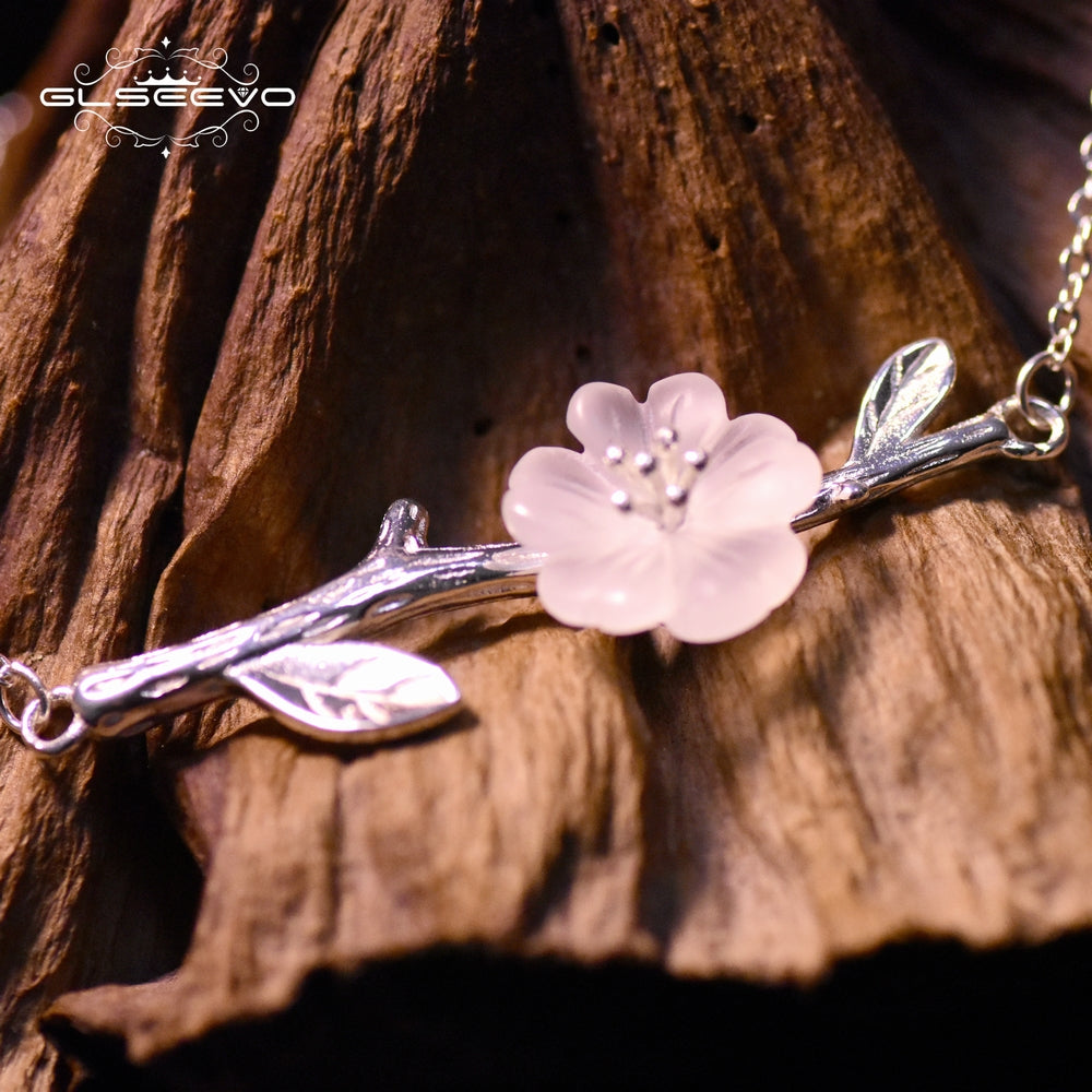 925 Sterling Silver White Crystal Flower Bracelets For Women Handmade Original Leaf Chain Link Bracelet Femme GB0001