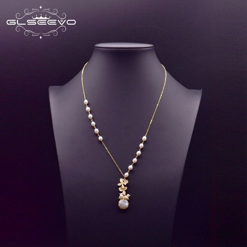 GLSEEVO Fresh Water White Real Pearl Pendant Necklace For Women Engagement Party Flower Vintage Handmade  Jewelry GN0155
