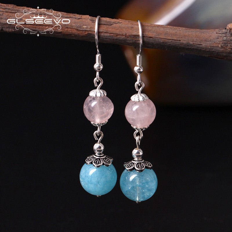 Handmade 925 Sterling Silver Natural Pink Crystal Emerald Drop Earrings Ethnic Earrings Female Jewelry Wholesale GE0344