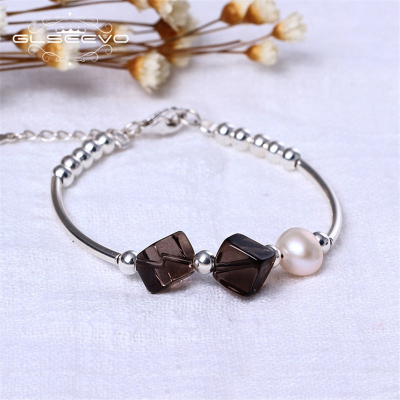 Handmade Diy 925 Sterling Silver Bracelet Female Natural Pearl Tea Crystal Adjustable Bracelet Jewelry GB0037