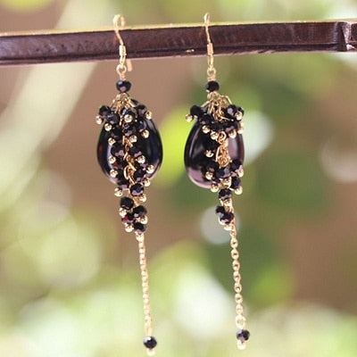 Natural Black Onyx Long Drop Earrings Fish Hook 925 Sterling Silver Earrings Handmade Jewelry Brincos De Festa GE0086
