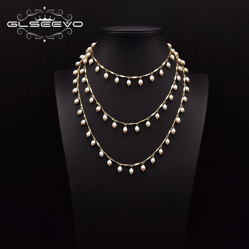 GLSEEVO  Natural Freshwater Pearl Long Necklace Women's Wedding  Personalized Adjustable Length Chain Jewelry Accessories GN0270