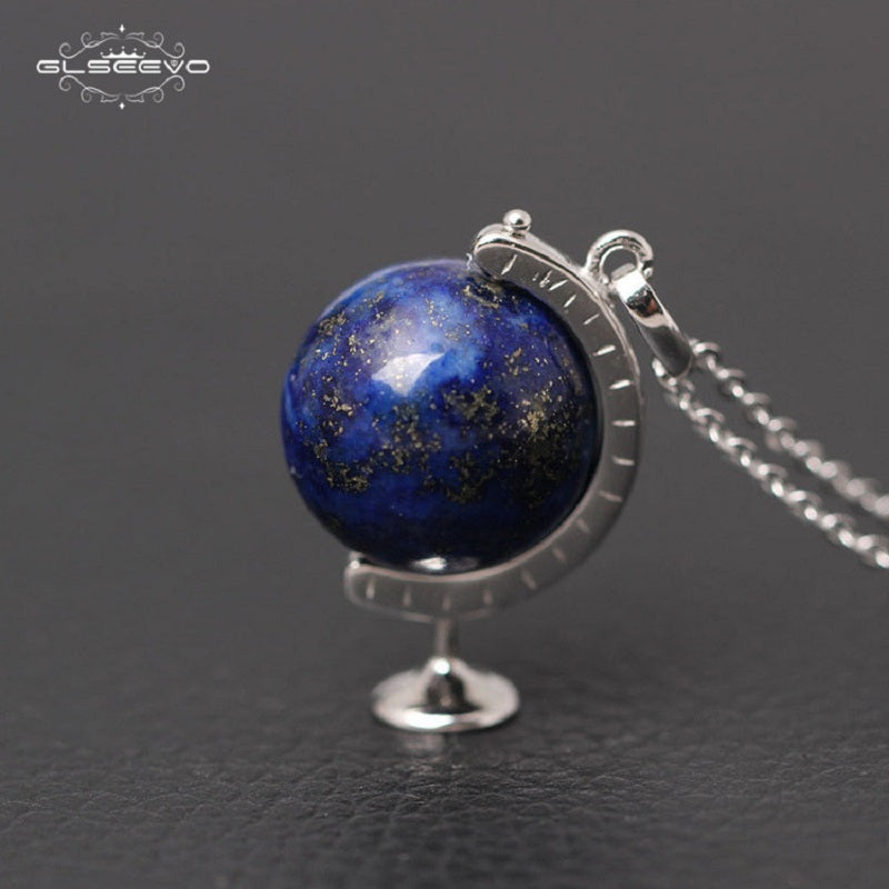 Natural Stone Lapis Lazuli Globe Pendant Necklace For Man 925 Sterling Silver Chain Necklace Handmade Jewelry GN0015
