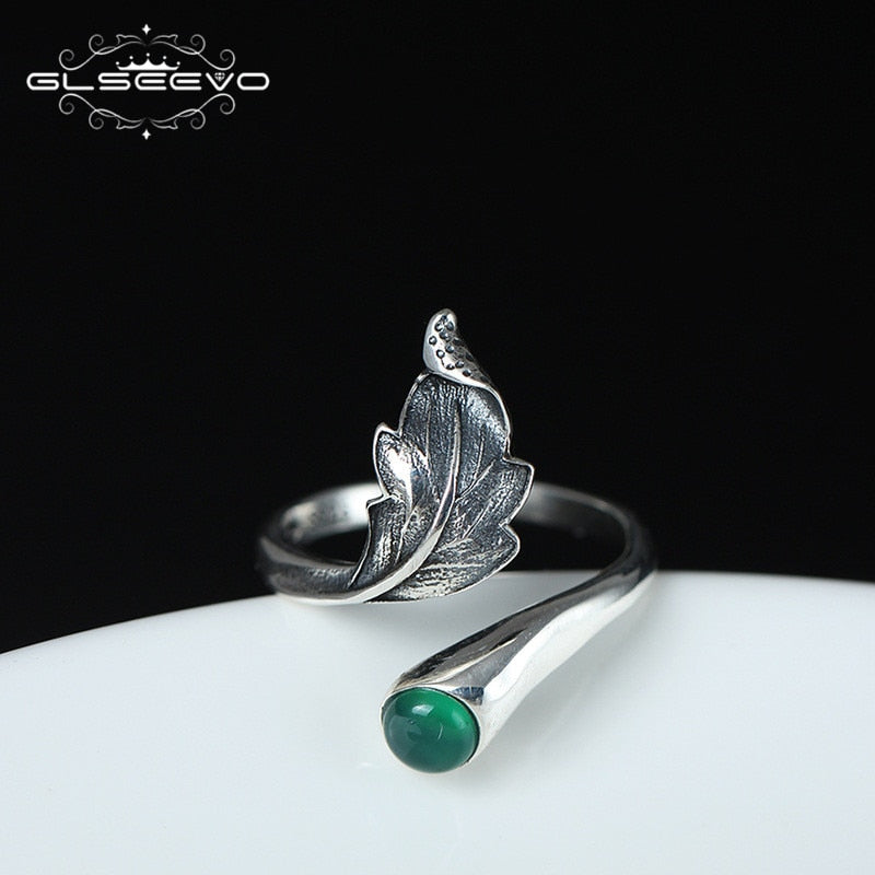 Original Design 925 Sterling Silver Vintage Feather Adjustable Ring For Women Natural Jade Ring Srebro Jewellery GR0184