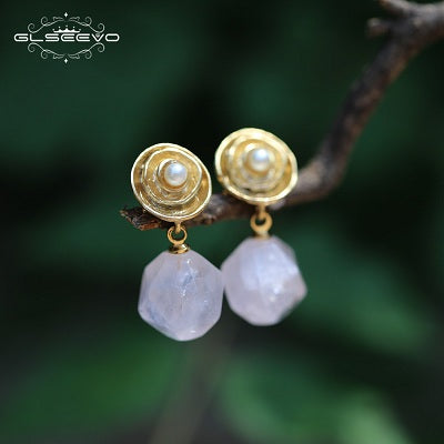 Pink Crystal White Natural Pearl Earrings 925 Silver Dangle Earring For Women Brincos Feminino Jewelry GE0103