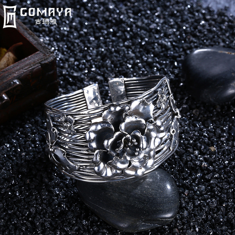 990 Sterling Silver Bangles Elegant Flower Bracelets for Women Ethnic Fashion Accessory Jewellery Puseira Floral Roses