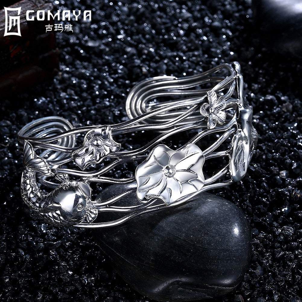 990 Sterling Silver Bangles Hollow Ethnic Retro Open Cuff Bracelet Punk Boho Popular Armband Fine Jewelry Women Gift