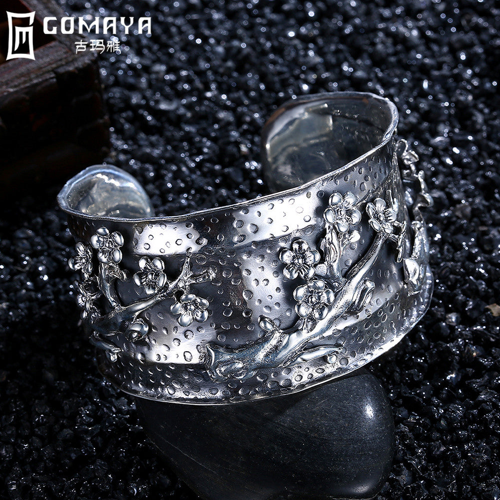 990 Sterling Silver Bangles Plum Blossom Ethnic Retro Cuff Bracelet Punk Boho Statement Pulseras Popular Armband Jewelry