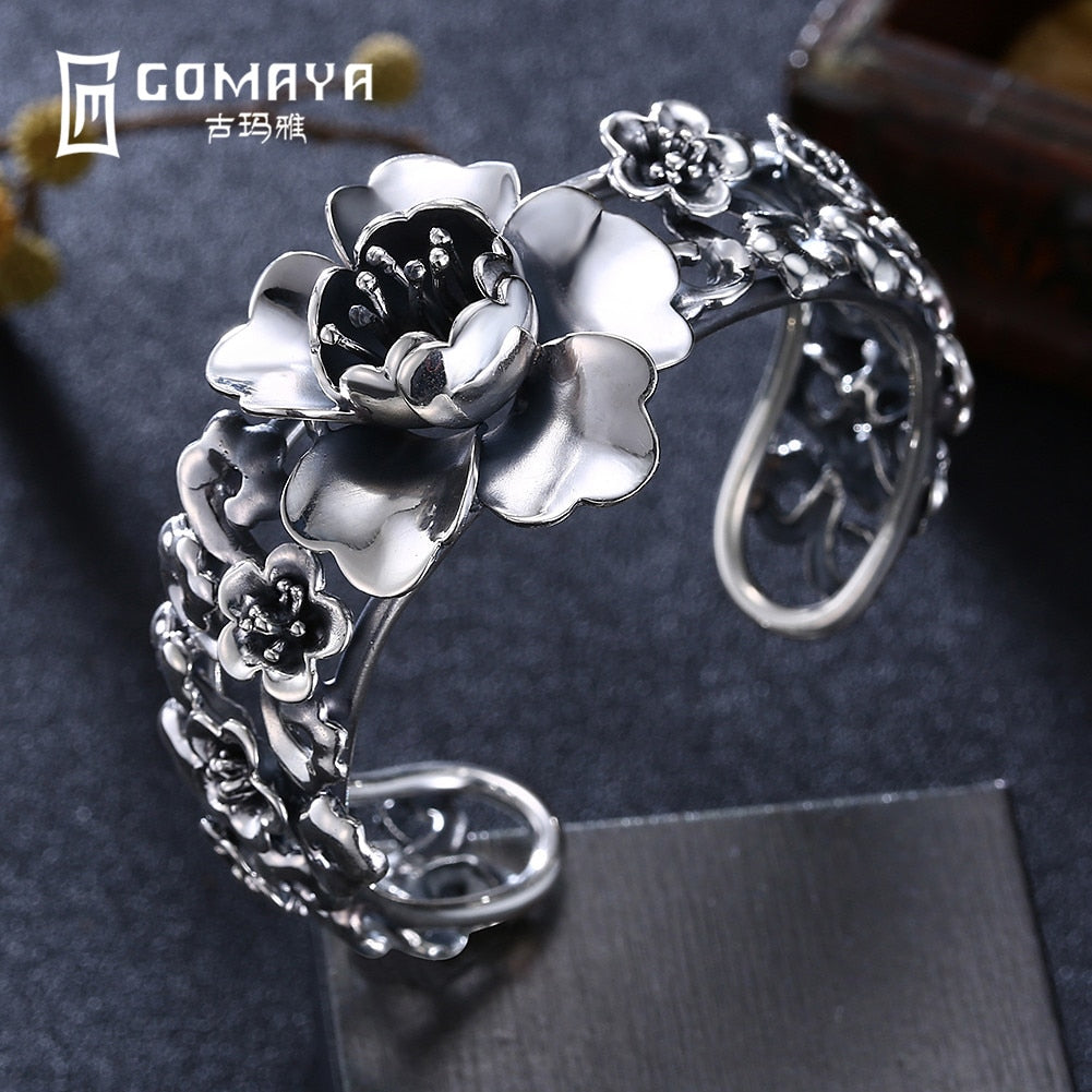 999 Sterling Silver Big Flower Bangles for Women Girls Birthd Gift Elegant Fine Jewelry Adjustable Cuff Bracelet