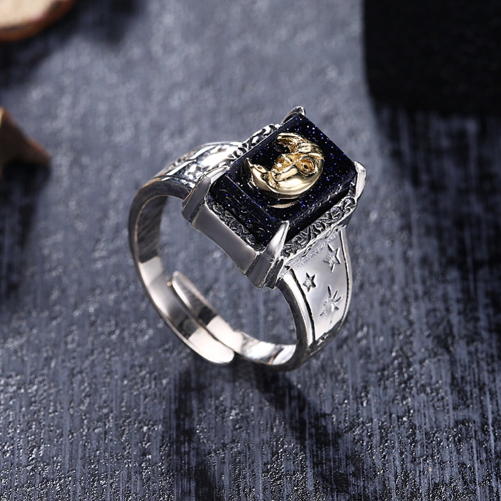 Vintage 925 Sterling Silver Moon Stars Rings Carved Thai Silver Opening Ring Generous and noble Rings