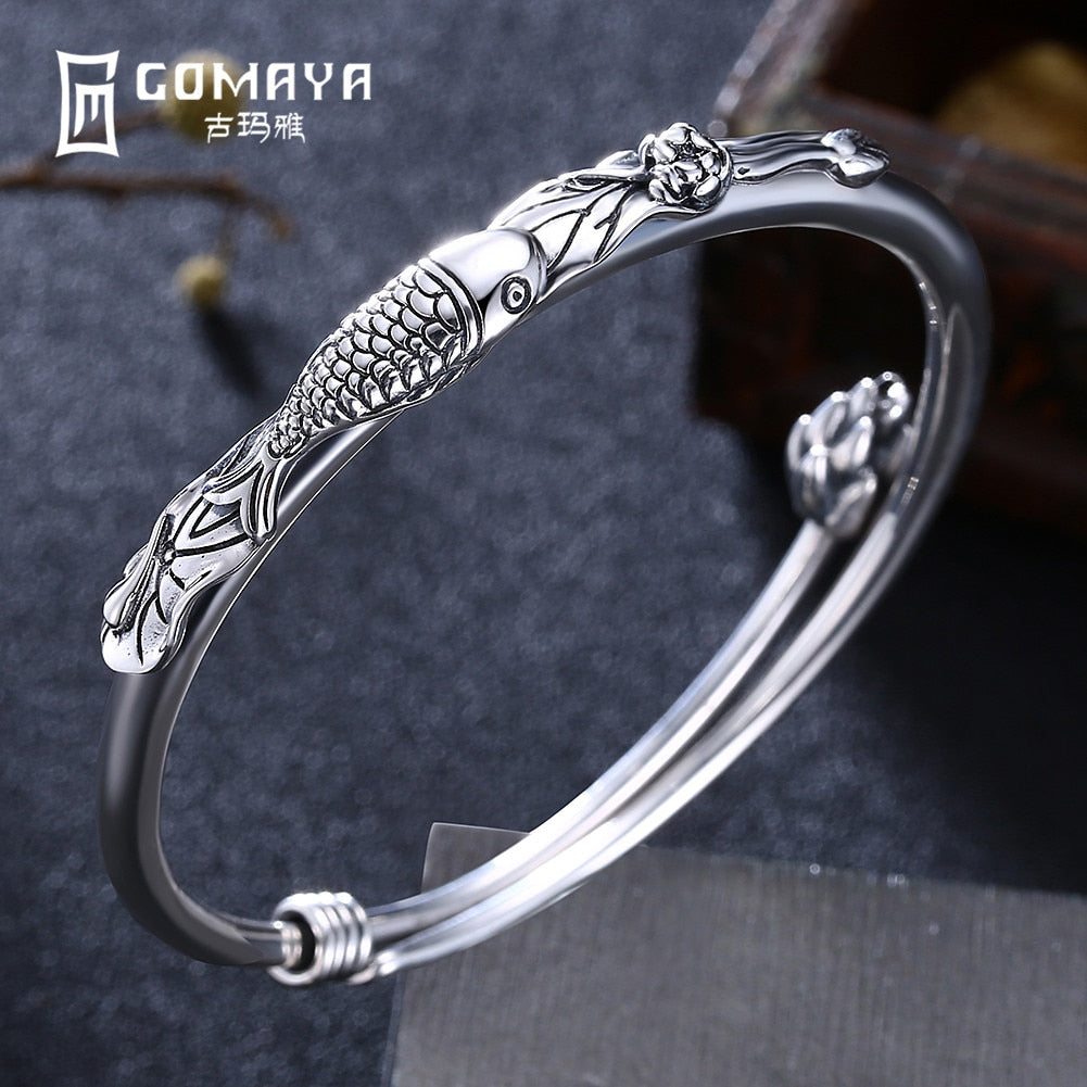 Genuine 999 Sterling Silver Fish Bangles for Women Ethnic Fine Accessories Jewelry Engagement Gift High Quality