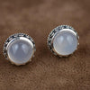 GQTORCH 925 Sterling Silve White Chalcedony Natural Stone Stud Earrings Gemstone Handmade Vintage Thai Silver Flower Carved