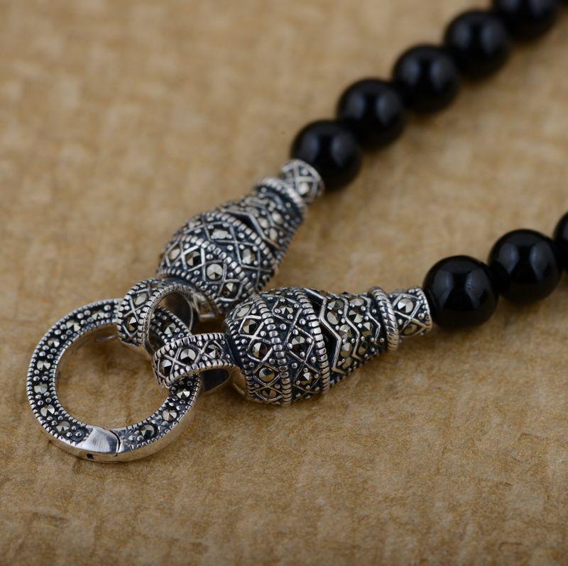 GQTORCH 925 Sterling Silver DIY Long Necklace Black Onyx Beads 6mm Vintage Sweater Chain With Openable Circles For Women And Men