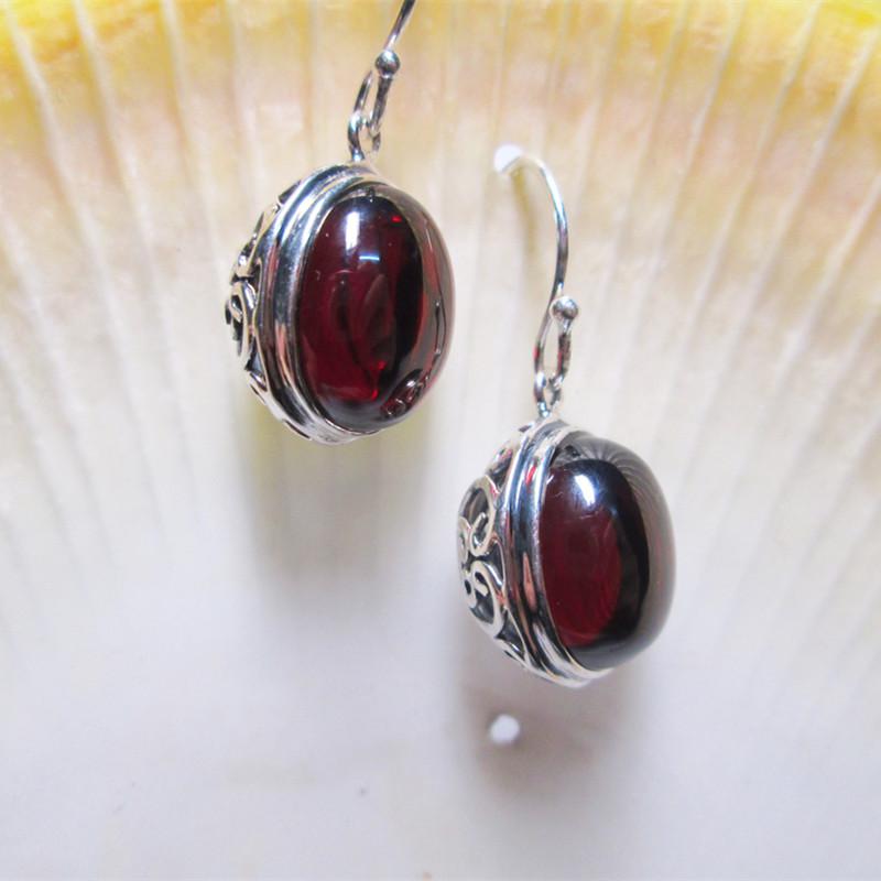 GQTORCH 925 Sterling Silver Drop Earrings For Women Vintage Hollow Flowers Design With Natural Garnet Ruby Opal Agate Stone