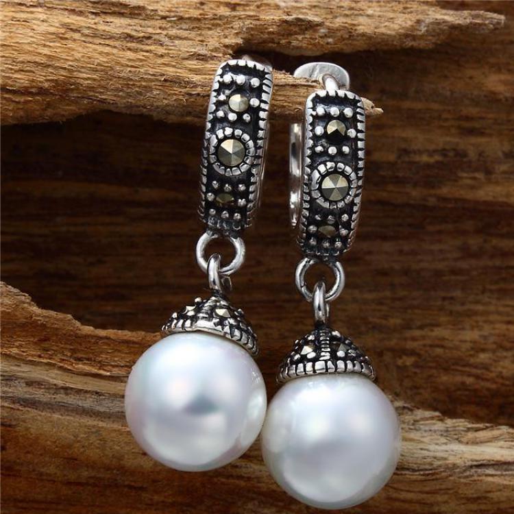 GQTORCH 925 Sterling Silver Drop Earrings Genuine Pearl Earrings Vintage Mosaic Fashion Ear Clip For Women