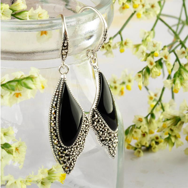 GQTORCH 925 Sterling Silver Earrings Butterfly Wings Shape Classic Vintage Style Inlaid Green Black Agate Pendientes Mujer Moda
