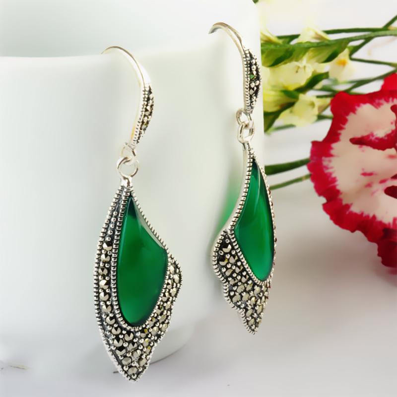 GQTORCH 925 Sterling Silver Earrings Butterfly Wings Shape Classic Vintage Style Inlaid Green Black Agate Pendientes Mujer Moda